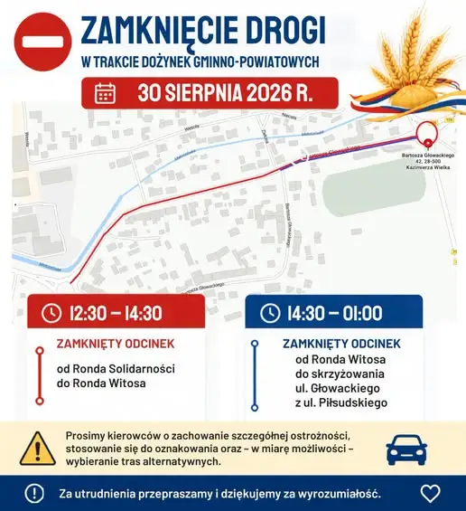 Zmiany w organizacji ruchu podczas Dożynek Gminno-Powiatowych w Kazimierzy Wielkiej
