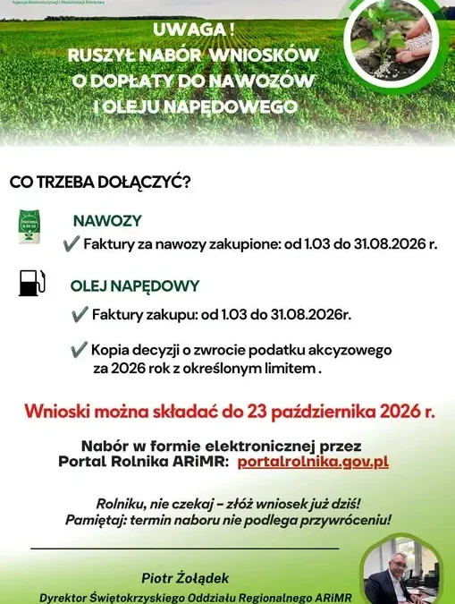 ARiMR: tylko do 23 października rolnicy mogą składać wnioski o dopłaty do nawozów i oleju napędowego