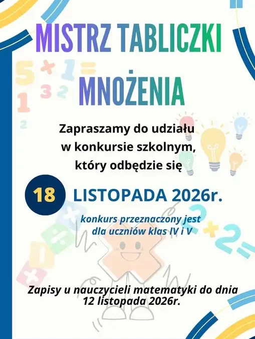 Szkoła ogłasza konkurs „Mistrz Tabliczki Mnożenia” dla klas IV i V
