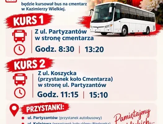 Bezpłatny bus na cmentarz w Kazimierzy Wielkiej – sprawdź godziny odjazdów