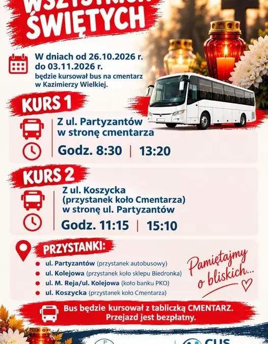 Bezpłatny bus na cmentarz w Kazimierzy Wielkiej – sprawdź godziny odjazdów